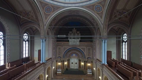 Side view of Zion Neolog Synagogue interior in Oradea, Romania, showcasing Stock Footage 325773289