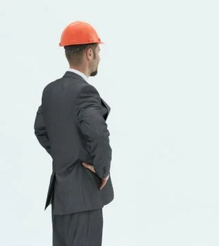 Side view.experienced engineer looks at the blank screen. Stock Photos