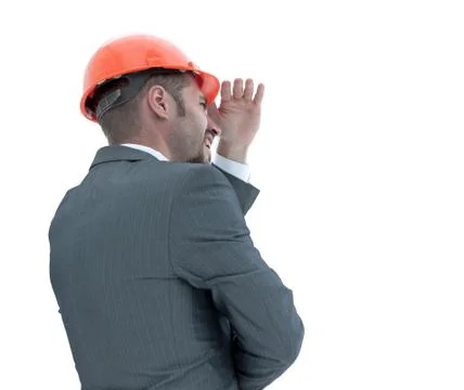 Side view.experienced engineer looks at the blank screen. Stock Photos