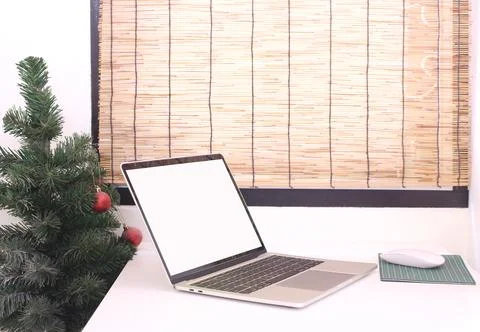 Side view,office table desk. Workspace with notebook and white mouse on cop.. Stock Photos