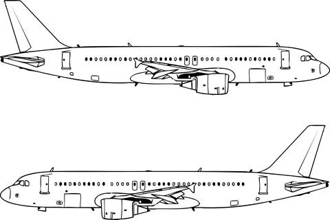 Side views of outlined passenger airplanes isolated on white providing simple Stock Illustration