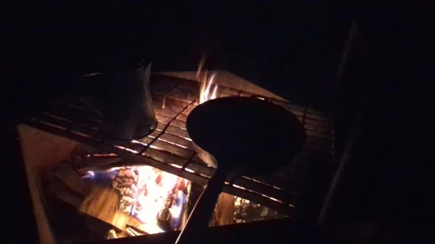 Sideview of a campfire with grill grate and food cooking Stock Footage 294260634