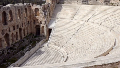Sideview the Odeon of Herodes Atticus stone Roman theater structure in Acropolis Stock Footage 129411914