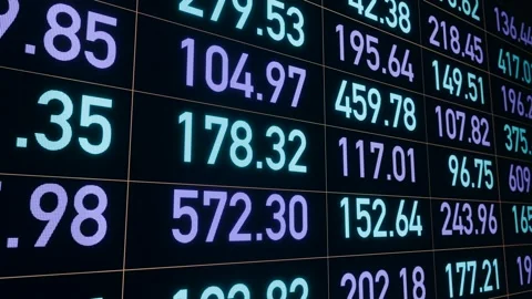 Sideview screen with digital numbers, data or  financial figures in purple and b Stock Footage 291869499