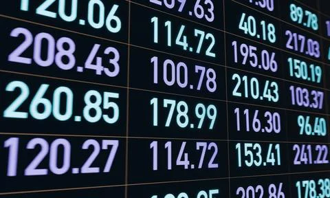  Sideview screen with digital numbers, data or financial figures in purpla... Stock Photos