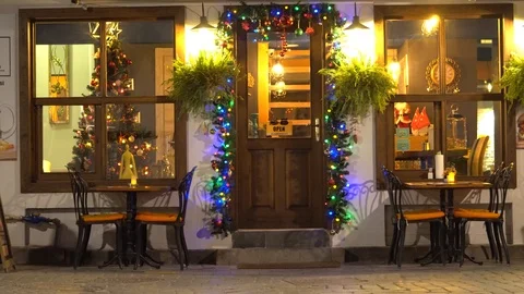 Sidewalk Cafe or Restaurant At Night In Old town. Stock Footage 122181733