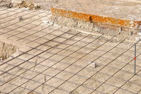 Sidewalk construction for pavement work at town Stock Photos