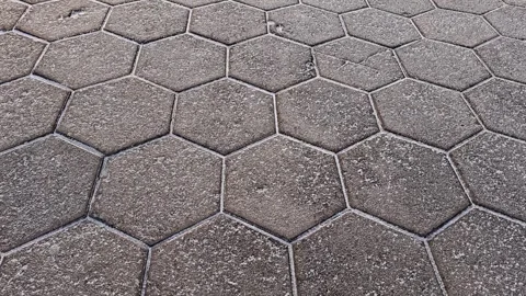 The sidewalk is paved with gray, hexagonal concrete slabs. Stock Footage 330513900