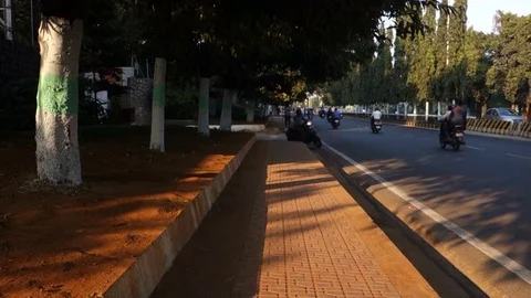 Sidewalk with paved stones lined with trees in Hyderabad,India Stock Footage 83769079