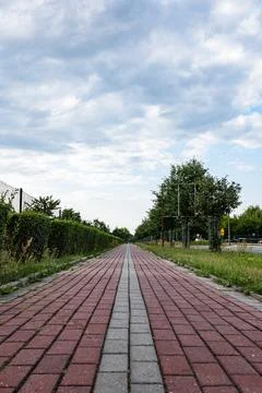 Sidewalk stretching through park in summer season Foto stock