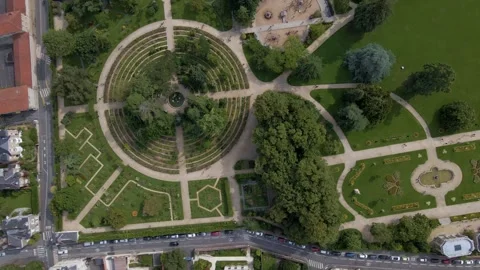 Sideway drone movement from the Parc du Thabor botanical and spiral garden Video stock 294309765