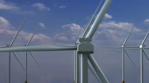 Sideways 3D Rendered Wind Turbines Spinning on Blue Sky Background. Stock Footage 333118632
