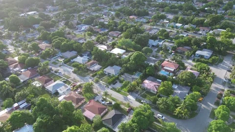 Sideways Aerial Drone Flight Over Miami Neighborhood, Golden Hour Stock Footage 343321217