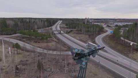 Sideways aerial drone view of northbound motorway in Söderhamn, Sweden Vídeo Stock 333700710