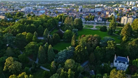 Sideways aerial movement around the Parc du Thabor's huge parkside, church Stockbeeldmateriaal 286348239