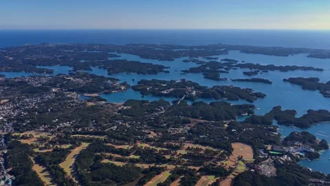 Sideways Aerial View Across Ago Bay Islands in Shima, Japan Stock Footage 342237074
