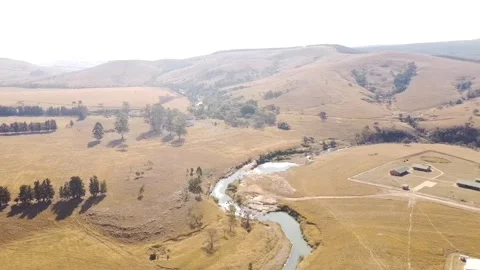 Sideways arial shot of dry brown grass during winter at Nkandla Stock Footage 281310725