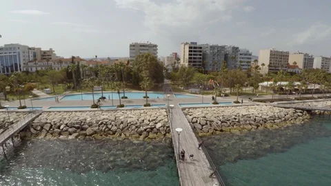 Sideways flight at Limassol beach Stock Footage 107879353