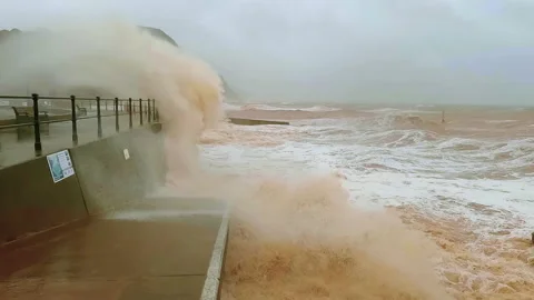 Sidmouth, Devon, United Kingdom - Dec 7, 2021: Coastal storm surge Storm Barra 스톡 동영상 169537569