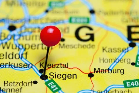 Siegen pinned on a map of Germany Foto stock