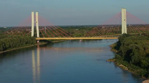 Siekierki (Siekierkowski) bridge and Wisla Vistula river on a sunny day. Stock Footage 313995186