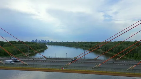 Siekierkowski Bridge, cable-stayed structure, Vistula River, Warsaw, Poland Stock Footage 277185531