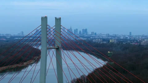 Siekierkowski Bridge, cable-stayed structure, Vistula River, aerial orbit Stock Footage 303573522