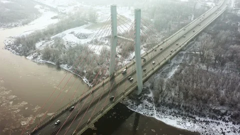 Siekierkowski bridge during winter aerial footage Stock Footage 100790606