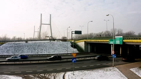Siekierkowski Bridge low drone shot in Warsaw Stock Footage 100785529