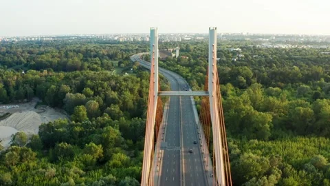 Siekierkowski bridge over Vistula river and Trasa Siekierkowska road in Warsaw Stock Footage 246047868