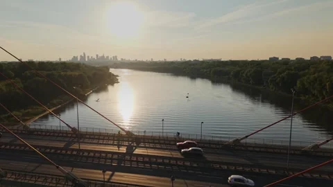 Siekierkowski bridge over Vistula river, on which cars move. Warsaw, Poland. Stock Footage 314050787