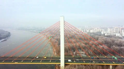 Siekierkowski bridge in Warsaw during winter drone shot Stock Footage 100789953
