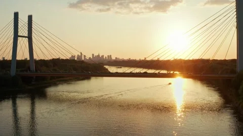Siekierkowski bridge, Wisla Vistula river and center district of Warsaw. Stock Footage 246047422