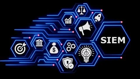 Siem network security system digital concept banner on dark space. 스톡 일러스트