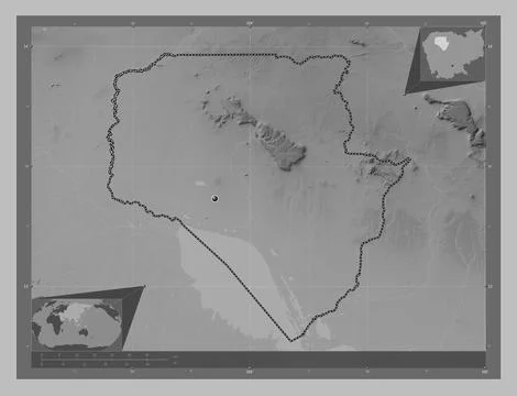 Siemreab, Cambodia. Grayscale elevation map with lakes and rivers Illustrazione stock
