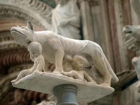 Siena - column with the she-wolf in front of the Duomo facade Stock Photos