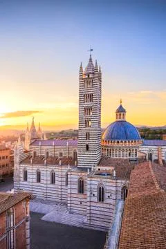 Siena sunset panoramic view. Cathedral Duomo landmark. Tuscany, Italy. Stock Photos