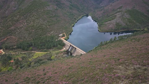 Sierra de Gata Dam Orbit — Slow Aerial Orbit Around Reservoir, Extremadura Stock Footage 335274688