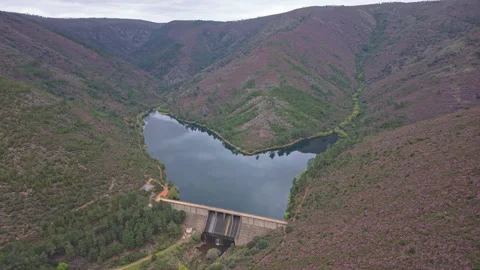 Sierra de Gata Dam Orbit — Slow Aerial Circling Shot, Extremadura Stock Footage 335276094