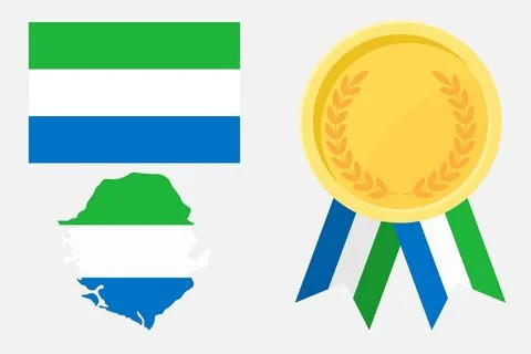 Sierra Leone flag with map and gold medal in set for web and banners or app.. Illustrazione stock