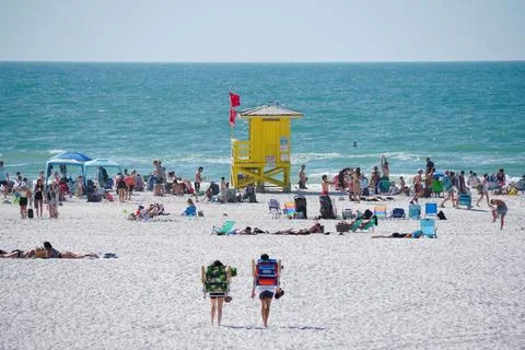 Siesta Key Beach, Florida, U.S - Jan 3, 2026 - Bright yellow lifeguard towe.. Stock Photos