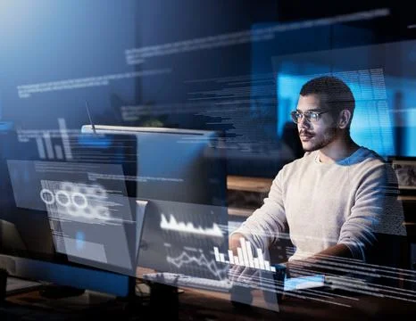 Sifting through streams of data. Cropped shot of a male computer programmer Foto stock