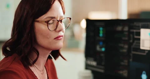 Sigh, computer and programming with business woman for cybersecurity, firewall 库存影片 330048782