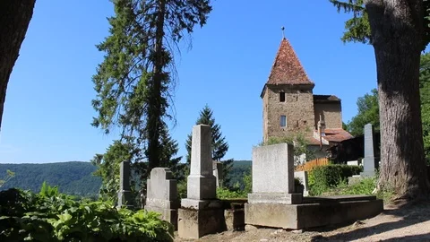 SIGHISOARA: Static View of the graves from the centuries-old Saxon cemetery Stock Footage 97596565