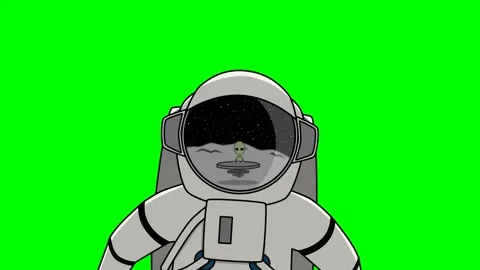 Sight of green spaceman with his ship from glass of astronaut's helmet, which is Stock Footage 285951581