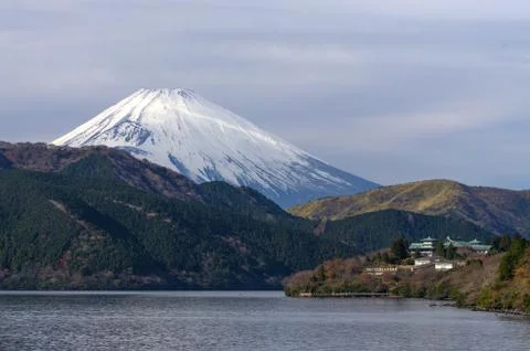 Sight seeing from big ship on hakone lake with fuji mountain background, japan Stock Photos