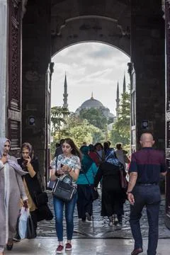 Sight through open door to mosque in istanbul Stock Photos
