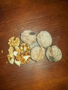 Sight of walnuts in their shells and without them Stock Photos