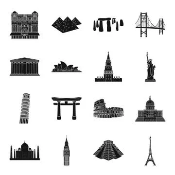 Sights of different countries black icons in set collection for design. Famous Ilustração Stock