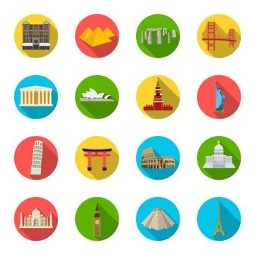 Sights of different countries flat icons in set collection for design. Famous Ilustração Stock